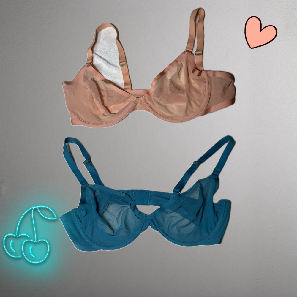 Teal and Peach colored lingerie Bras
